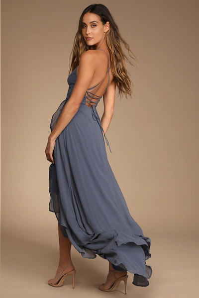 Lulus In Love Forever Granite Blue Lace-up High-low Maxi Dress