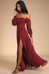 Lulus Feel The Romance Burgundy Off-the-shoulder Maxi Dress In Burgundy