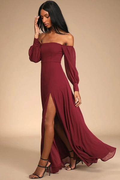 Lulus Feel The Romance Burgundy Off-the-shoulder Maxi Dress