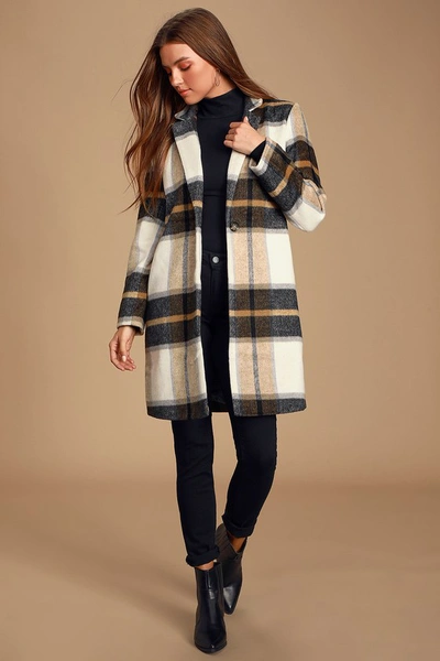 Steve Madden Cher Ivory Plaid Brushed Wool Coat