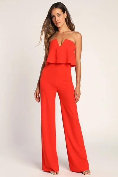 Lulus Power Of Love Red Orange Strapless Jumpsuit