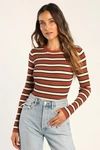 Lulus All The Hits Rust Brown And Ivory Striped Sweater In Rust Brown