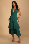 Lulus Celebration Time Emerald Green Sleeveless Tiered Midi Dress In Emerald Green