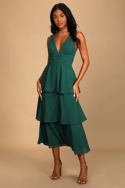 Lulus Celebration Time Emerald Green Sleeveless Tiered Midi Dress
