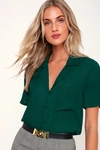 Lulus Good Luck Charm Dark Green Short Sleeve Button-up Top In Dark Green