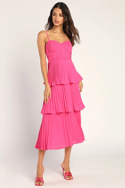 Lulus Cascading Crush Hot Pink Tiered Bustier Midi Dress