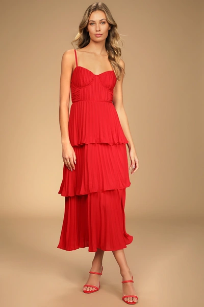 Lulus Cascading Crush Red Tiered Bustier Midi Dress