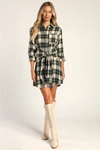 LULUS PICK OF THE PATCH GREEN PLAID TIE-FRONT MINI DRESS