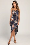 Lulus My Favorite Day Navy Blue Floral Print Tulip Skirt Midi Dress In Navy Blue