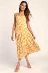 Lulus Catching Sunrays Mustard Yellow Floral Print Midi Dress In Mustard Yellow