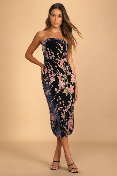 Lulus Buy You Flowers Navy Floral Print Velvet Strapless Midi Dress