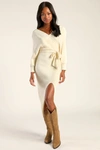 Lulus Fall Into Fashion Ivory Dolman Sleeve Sweater Midi Dress In Ivory