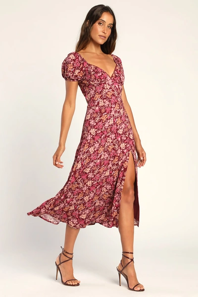 Lulus Meadow Muse Burgundy Floral Tie-back Puff Sleeve Midi Dress