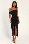 Lulus Showing Off A Little Black Asymmetrical Tulip Midi Dress In Black