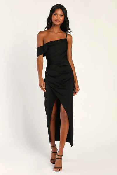Lulus Showing Off A Little Black Asymmetrical Tulip Midi Dress