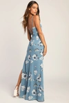 Lulus Feeling Elegant Slate Blue Floral Print Lace-up Slit Maxi Dress In Slate Blue