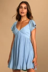 Lulus Amalfi Coast Light Blue Pleated Flutter Sleeve Mini Dress In Light Blue
