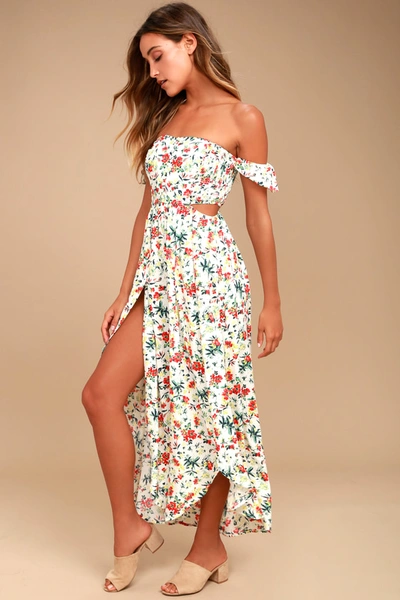 Lush Easy On The Eyes Cream Floral Print Off-the-shoulder Maxi Dress In White