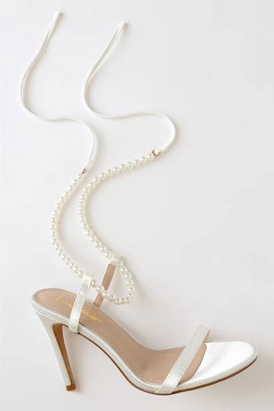 Lulus Letzy White Satin Pearl Lace-up High Heel Sandal Heels
