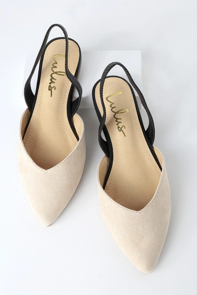 Lulus Mae Beige And Black Suede Pointed-toe Slingback Flats