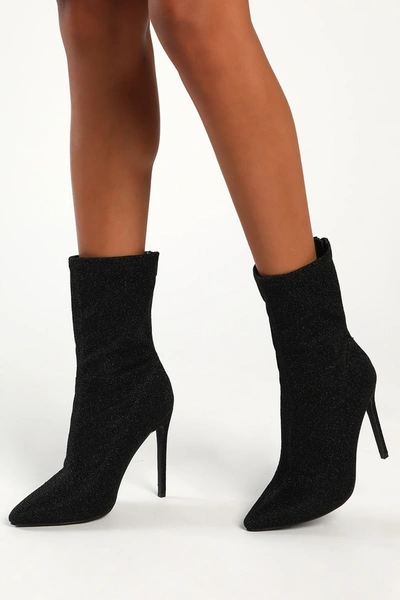 Lulus Odien Black Glitter Pointed-toe Mid-calf Sock High Heel Boots