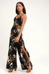 Lulus Beautiful Blooms Black Floral Print Wide-leg Jumpsuit In Black