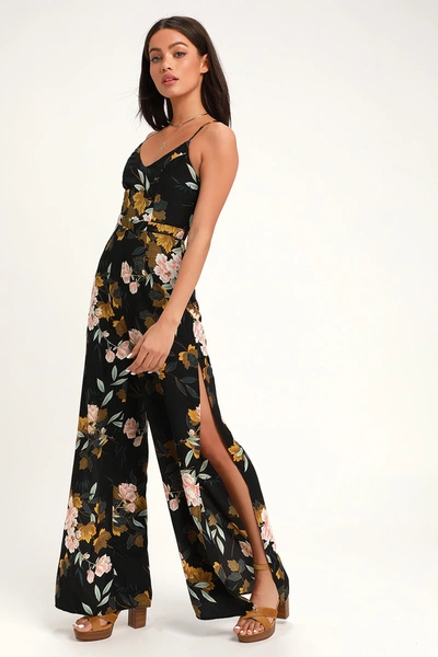 Lulus Beautiful Blooms Black Floral Print Wide-leg Jumpsuit