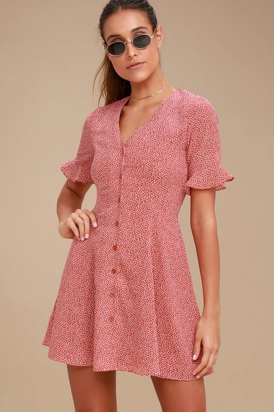Lulus Castana Rust Red Print Button-up Dress