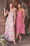 Lulus Sweetheart Style Mauve Polka Dot Bustier Tiered Midi Dress In Mauve