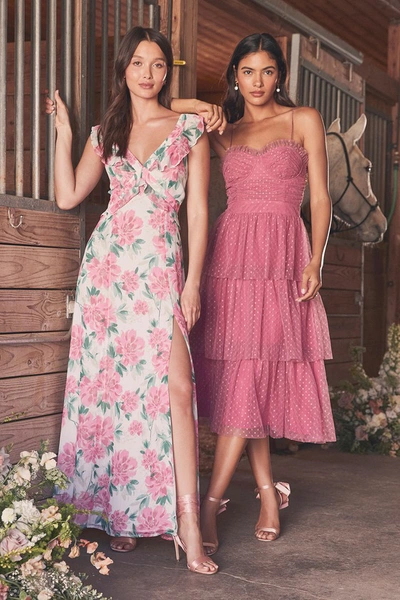 Lulus Sweetheart Style Mauve Polka Dot Bustier Tiered Midi Dress