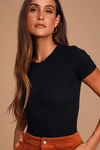 Lulus Basics Kinship Black Ribbed Bodysuit In Black