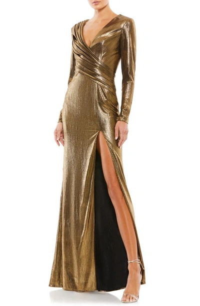 Ieena For Mac Duggal Metallic Long Sleeve Asymmetrical Ruch Gown In Gold