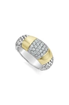 Lagos Diamond And Smooth Station Ring In 18k Gold With Sterling Silver Caviar Beading In Silver/gold