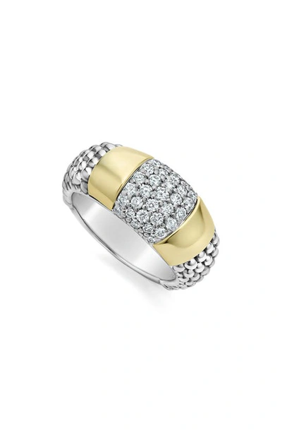 Lagos Diamond And Smooth Station Ring In 18k Gold With Sterling Silver Caviar Beading In Silver Gold Diamond