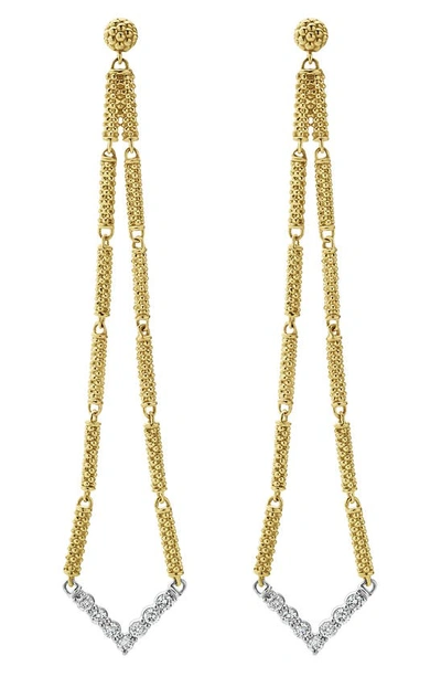 Lagos 18k Gold Superfine Caviar Beading And Diamond Chevron-shape Drop Earrings In Gold/white