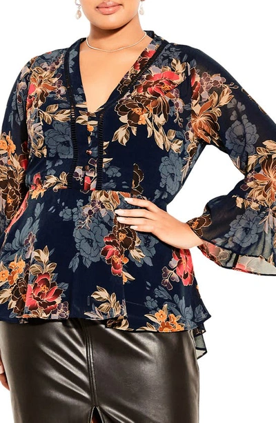 City Chic Lydia Tunic Top In Navy Fl Twist