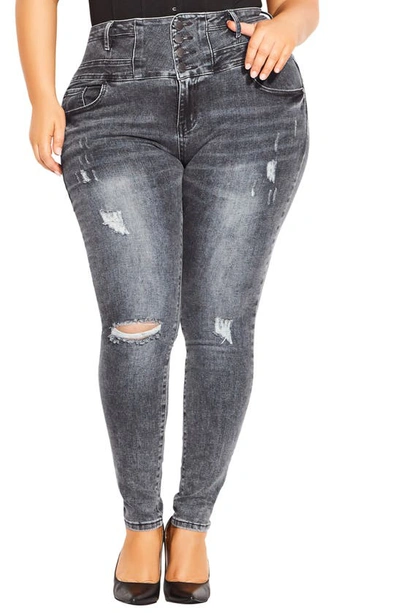 City Chic Asha Zoe Corset Distressed High Waist Skinny Jeans In
