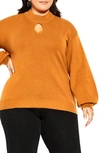City Chic Evelyn Keyhole Mock Neck Sweater In Deep Caramel