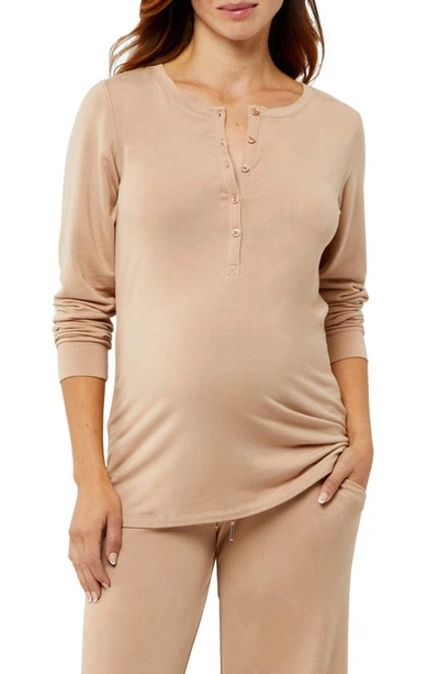 A Pea In The Pod Long Sleeve Maternity Henley Shirt In Warm Taupe