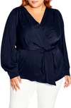 City Chic Opulent High-low Faux Wrap Top In French Navy