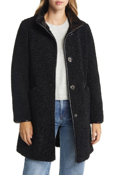 Sam Edelman Stand Collar Faux Shearling Coat In Black