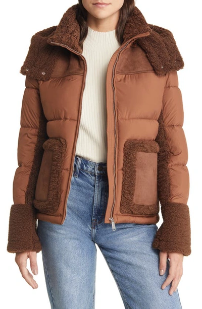 Sam Edelman Mixed Media Puffer Jacket With Faux Fur Trim In Brown