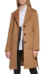 Karl Lagerfeld Belted Wool Blend Patch Pocket Coat In Camel