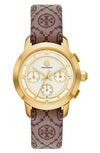 Tory Burch The Tory Chronograph Watch With Claret Red Jacquard And Leather Strap In Cream/brown