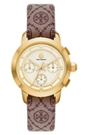 Tory Burch The Tory Chronograph Watch With Claret Red Jacquard And Leather Strap