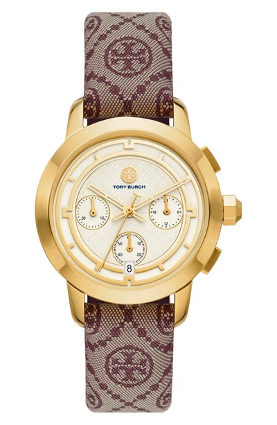 Tory Burch The Tory Chronograph Watch With Claret Red Jacquard And Leather Strap In Dark Red
