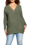 City Chic V-neck Rib Knit Top In Deep Sage