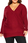 City Chic V-neck Rib Knit Top In True Red