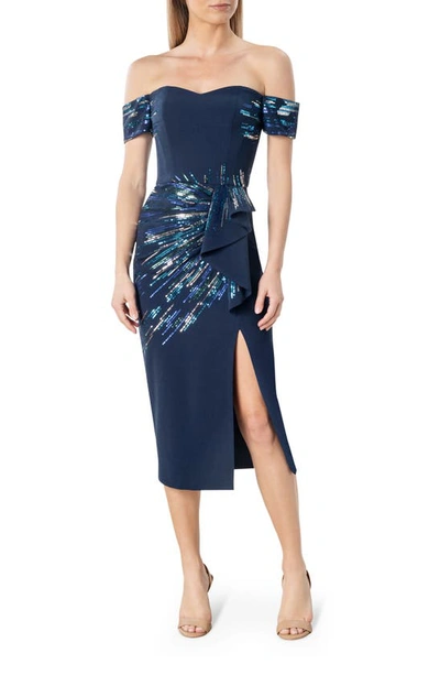 Dress The Population Alani Sequin Detail Off The Shoulder Midi Cocktail Dress In Navy Multi