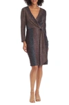 Maggy London Metallic Long Sleeve Wrap Dress In Bronze Multi